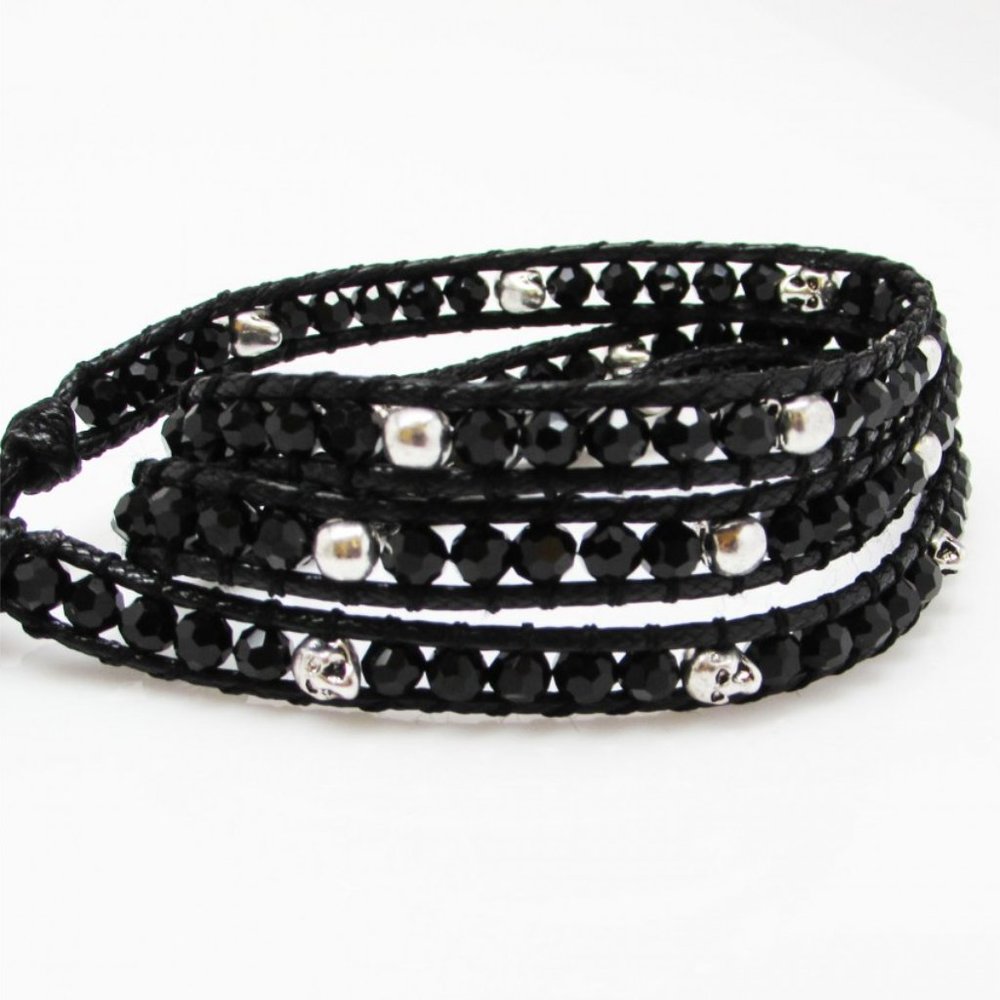 NEW Handmade Black Crystal Silver Skull Bracelet